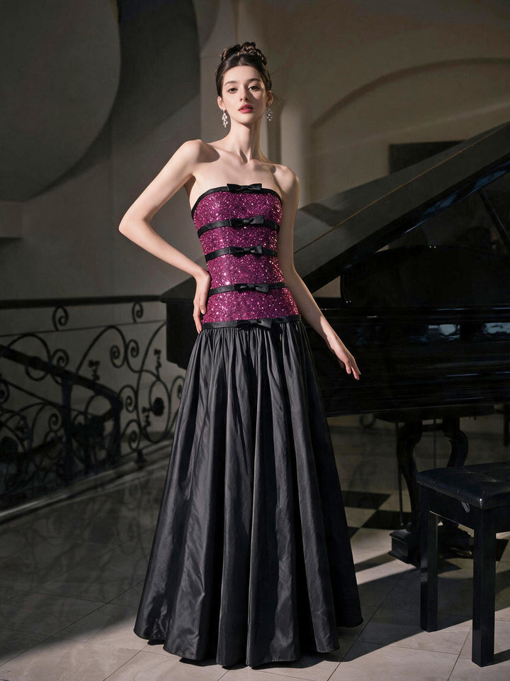 Strapless Sequin Bodice Evening Gown with Black Pleated Skirt YS001