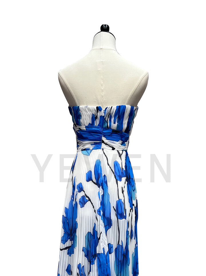 Fashion Blue Print Pleated Evening Dress Long Dress F25162J