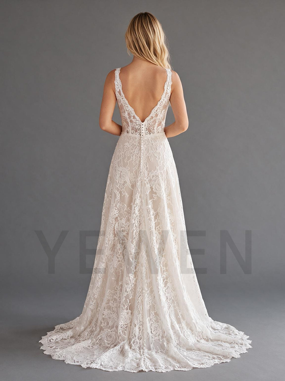 Ivory Deep V-Neck Floral Lace Wedding Dress with Elegant Sheer Train