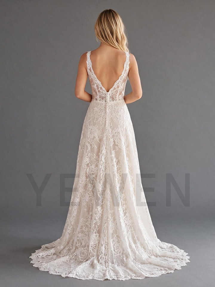 Ivory Deep V-Neck Floral Lace Wedding Dress with Elegant Sheer Train