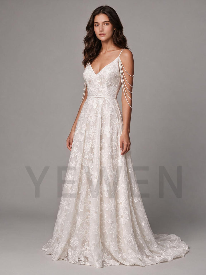 Ivory Spaghetti Strap Floral Lace Boho Wedding Dress with Draped Pearl