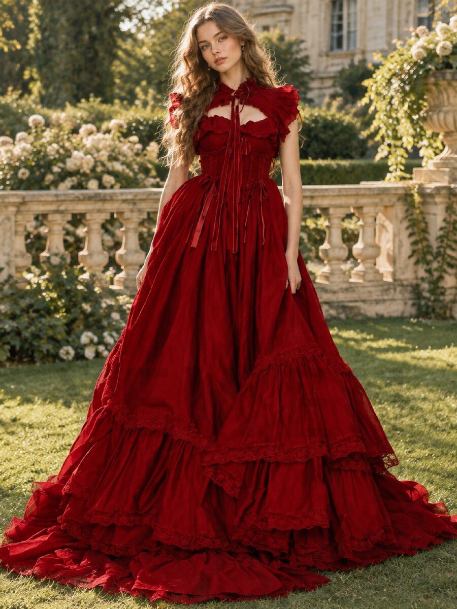 Burgundy High Neck Keyhole Corset Ruffle Christmas Dress YW2610094