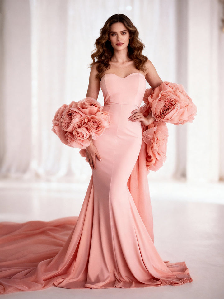 Elegant Pink Prom Gown with Flower Cape Shawl Mermaid Formal Banquet Dress