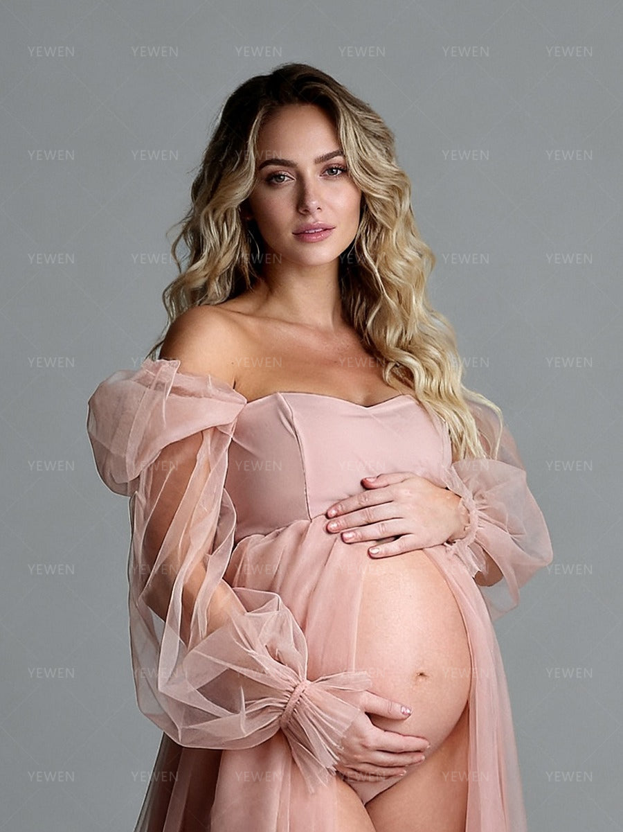 Tulle Maternity Photoshoot Gown Pregnancy Dress for Photoshoot with 3D flowers