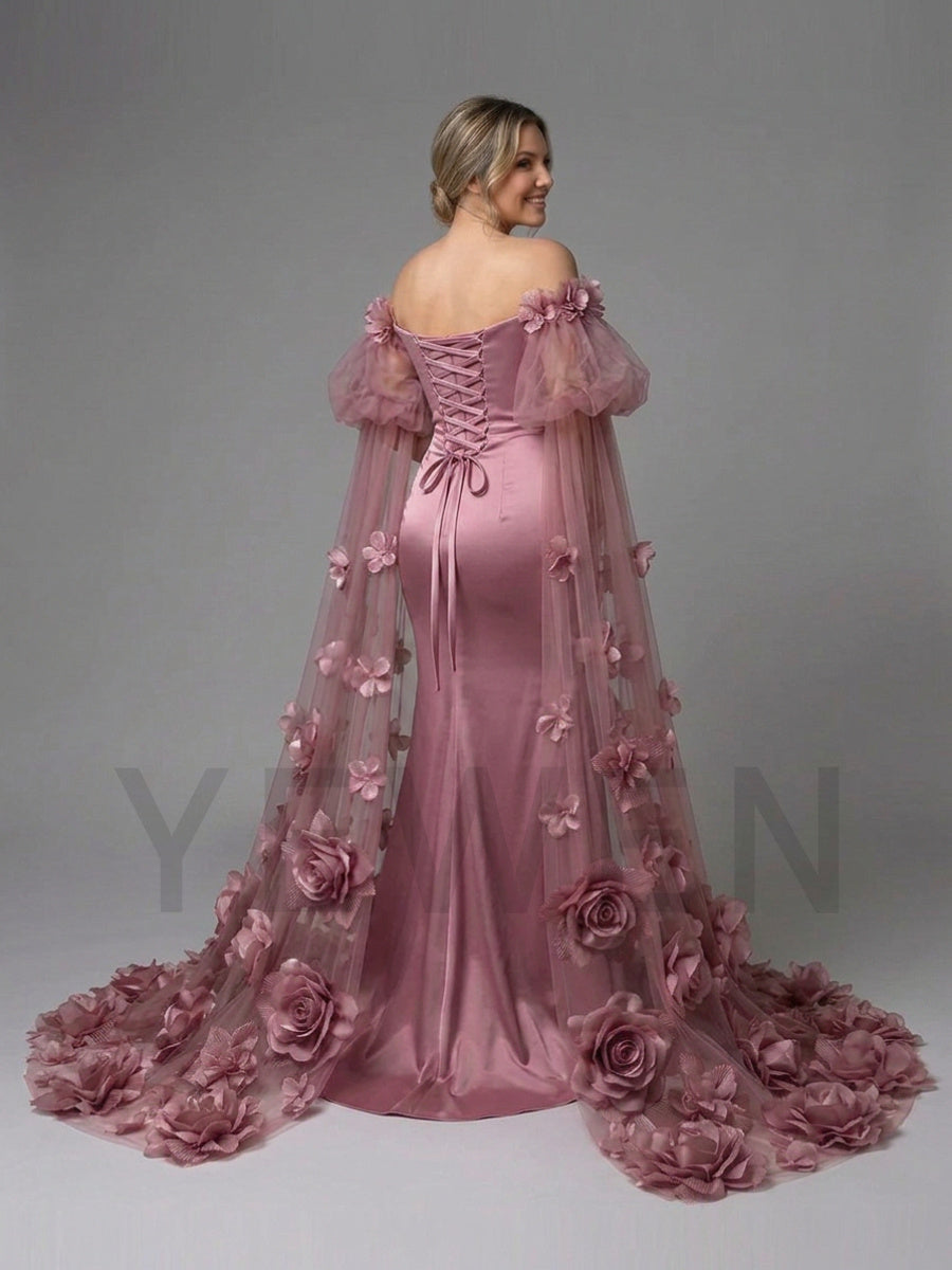 Dusty Puff Sleeve Maternity Photoshoot Dress with 3D Floral Cape