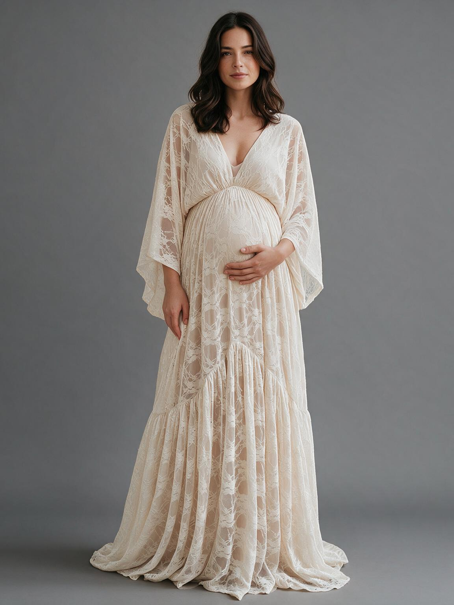 Ivory Deep V-Neck Lace Maternity Baby Shower Dress with Bell Sleeves