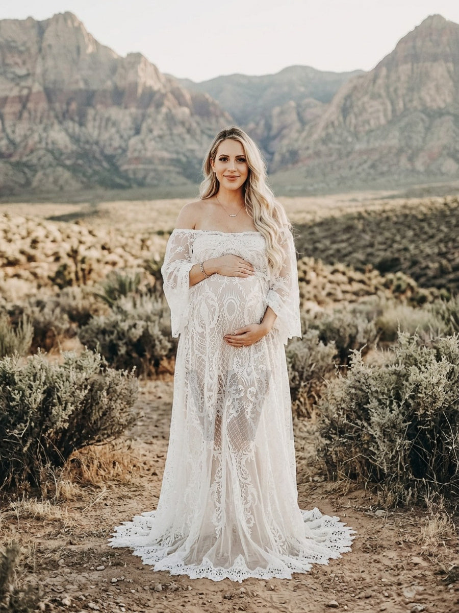 Ivory Off-Shoulder Bell Sleeve Boho Maternity Photoshoot Dress YD260840