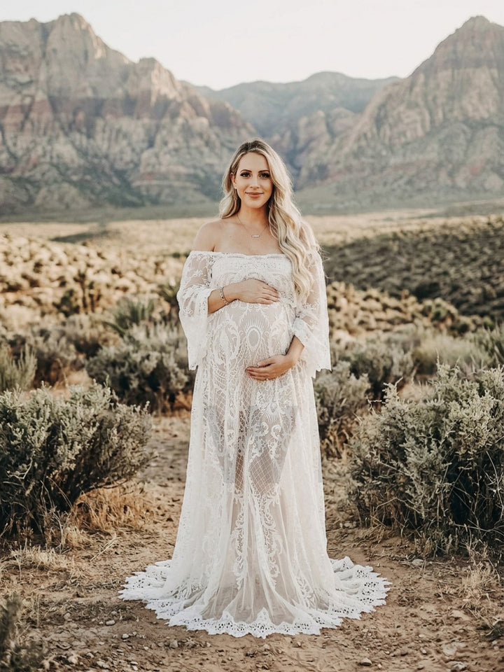 Ivory Off-Shoulder Bell Sleeve Boho Maternity Photoshoot Dress YD260840