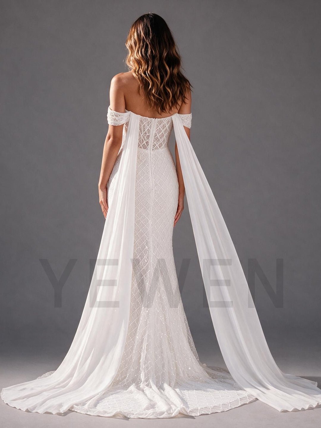 Ivory Off-Shoulder Diamond Lace Boho Wedding Dress with Draped Cape