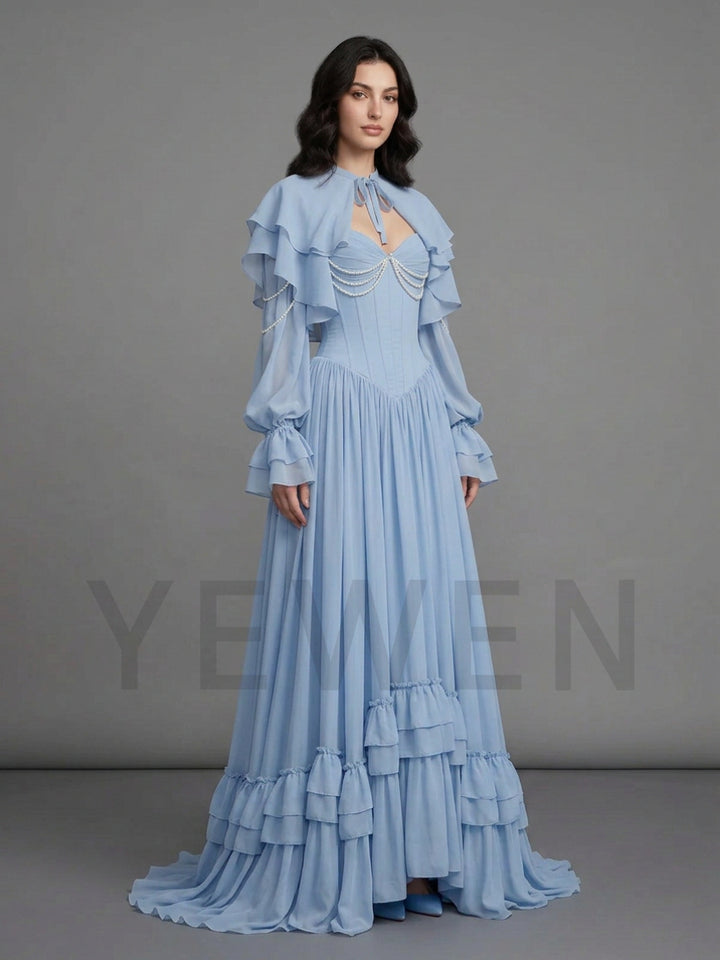 Blue Detachable Cape Sleeve Pearl Ruffle Corset Evening Gown YD260910