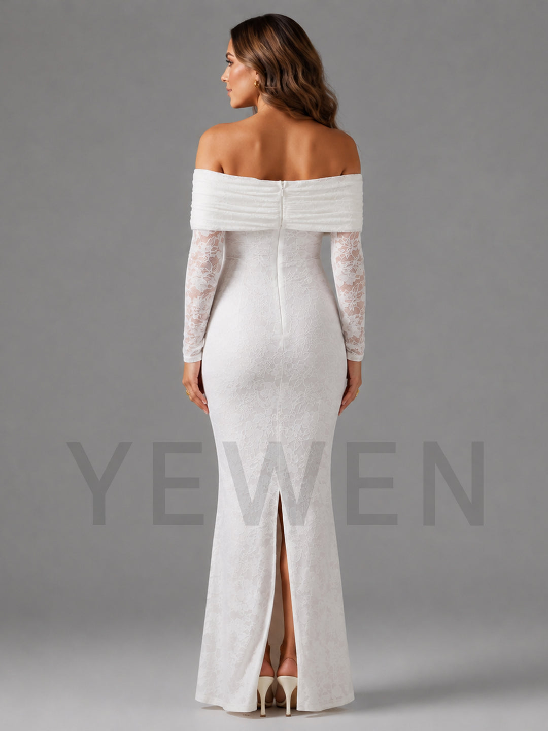 White Lace Fitted Maternity Gown with Satin Bow Pregnancy Baby Shower Gown