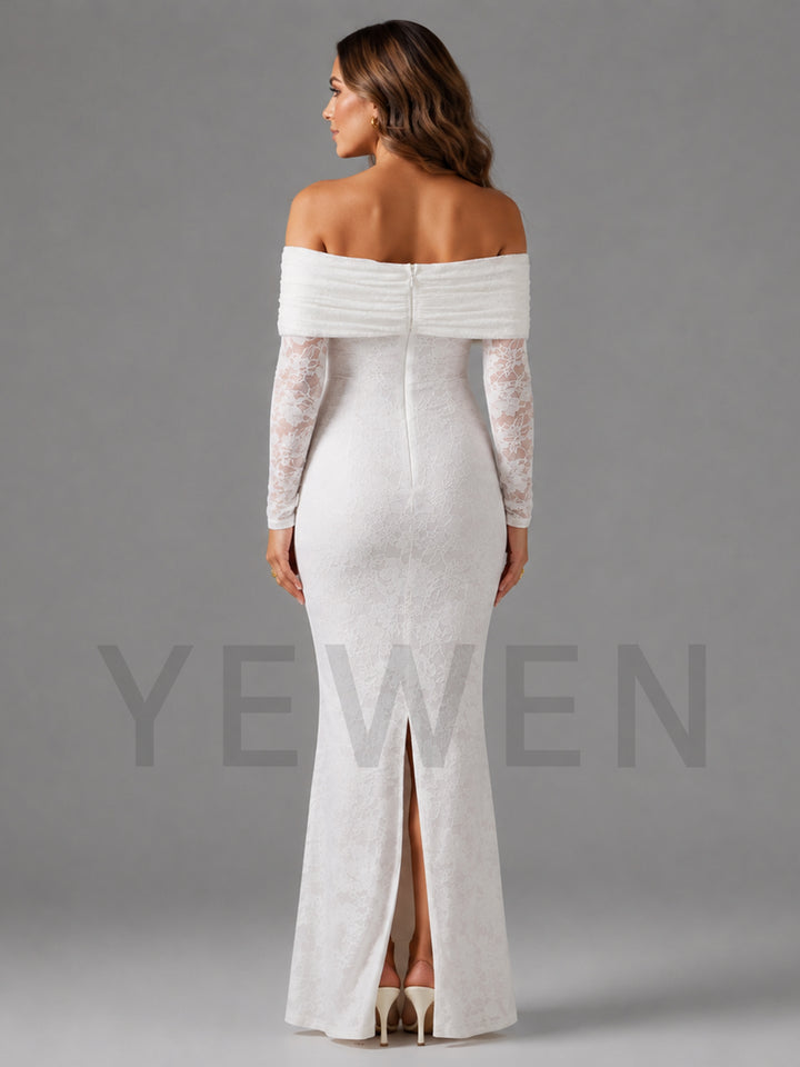 White Lace Fitted Maternity Gown with Satin Bow Pregnancy Baby Shower Gown