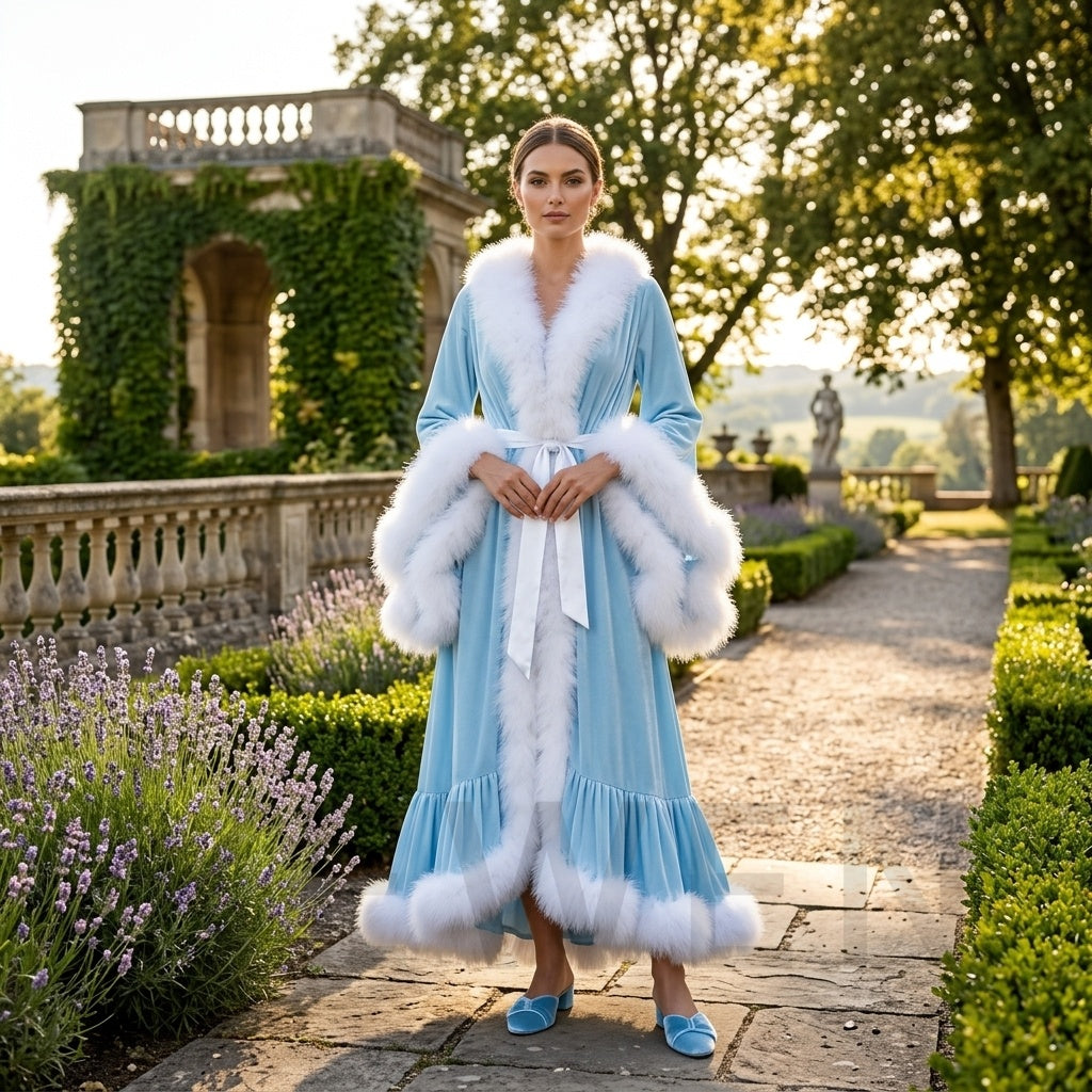 Velvet Christmas Robe with White Faux Fur Trim and Ruffle Hem YD261014