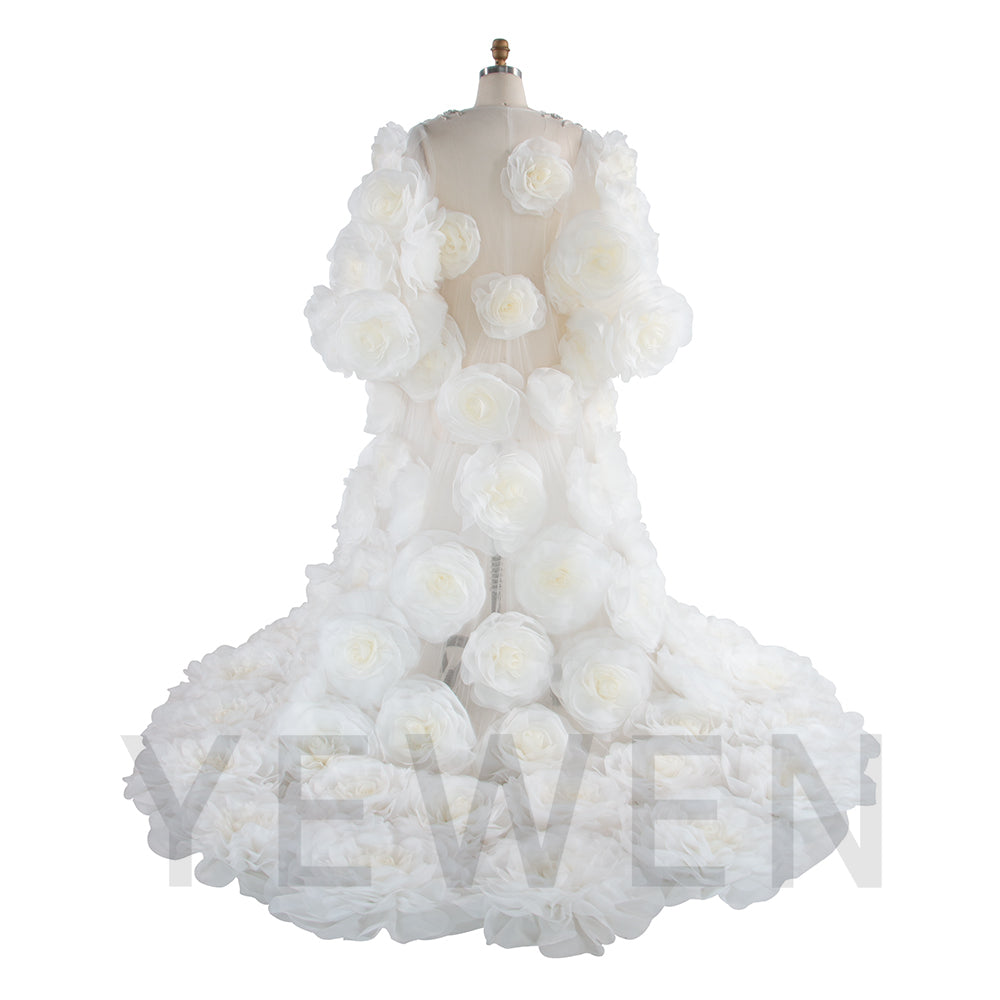 White Bridal Robe Long Wedding Billowing Organza 3D Flower Bridal Robe for Wedding Day YW250022