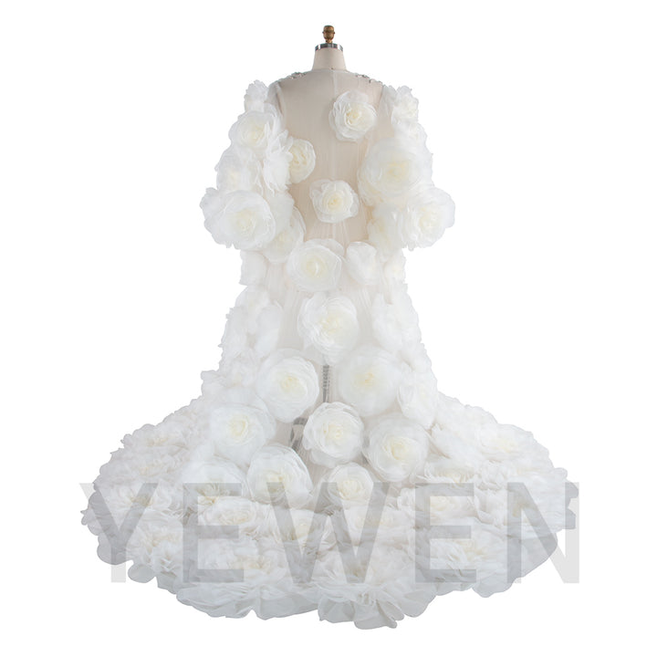 White Bridal Robe Long Wedding Billowing Organza 3D Flower Bridal Robe for Wedding Day YW250022