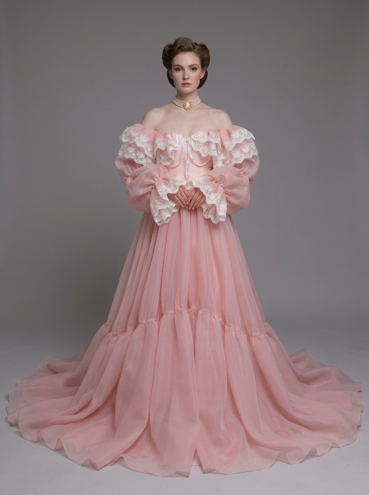 Off-Shoulder Lace Ruffle Puff Sleeve Corset Princess Dress YD260921