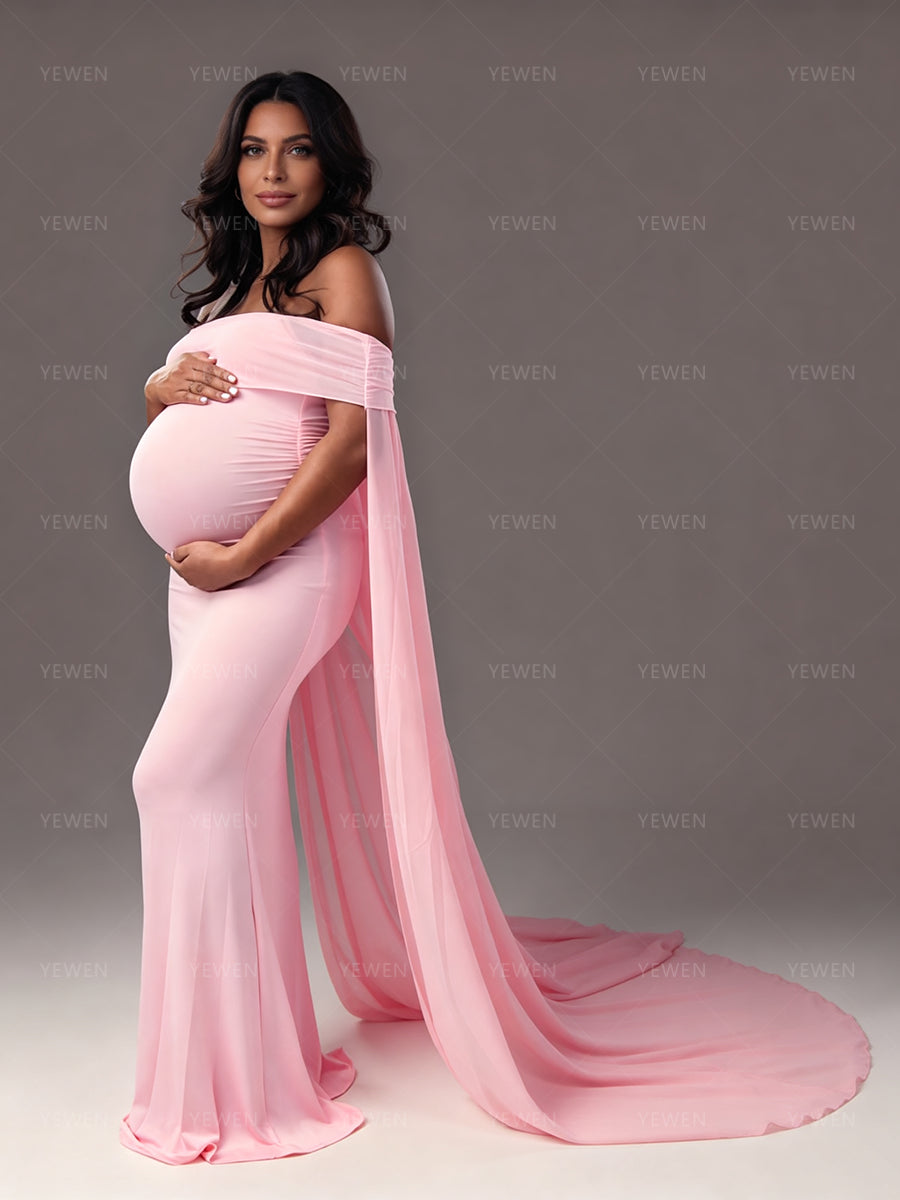Pink Maternity Photoshoot Dress Off Shoulder Baby Shower Gown for Mom