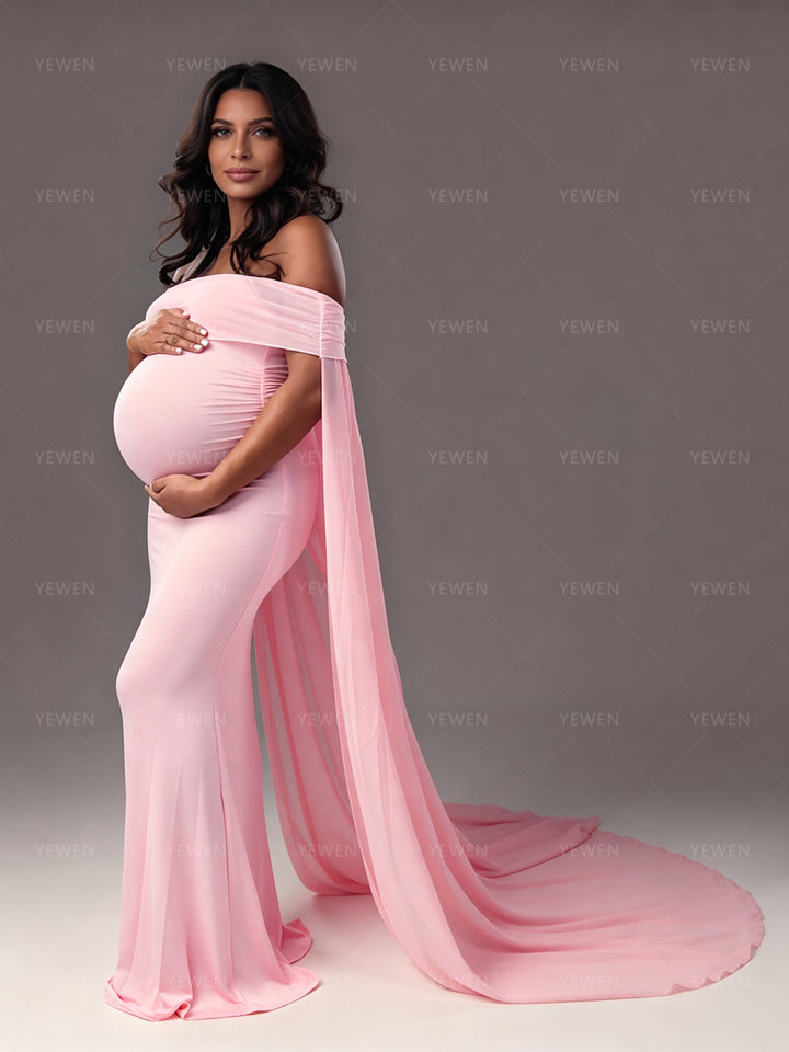 Pink Maternity Photoshoot Dress Off Shoulder Baby Shower Gown for Mom