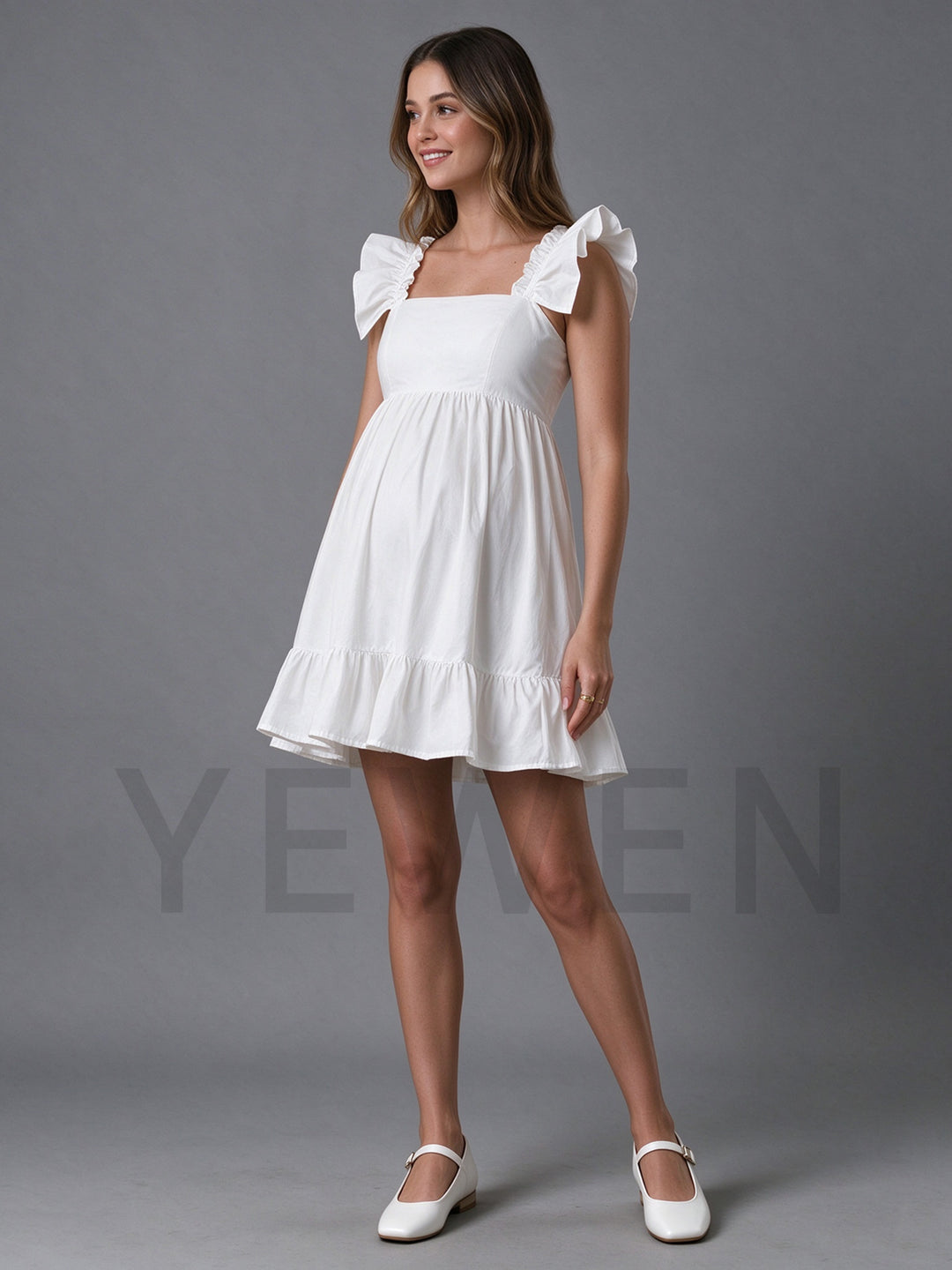 Ruffle Sleeve Tiered Babydoll Maternity Dress for Baby Shower YM261002