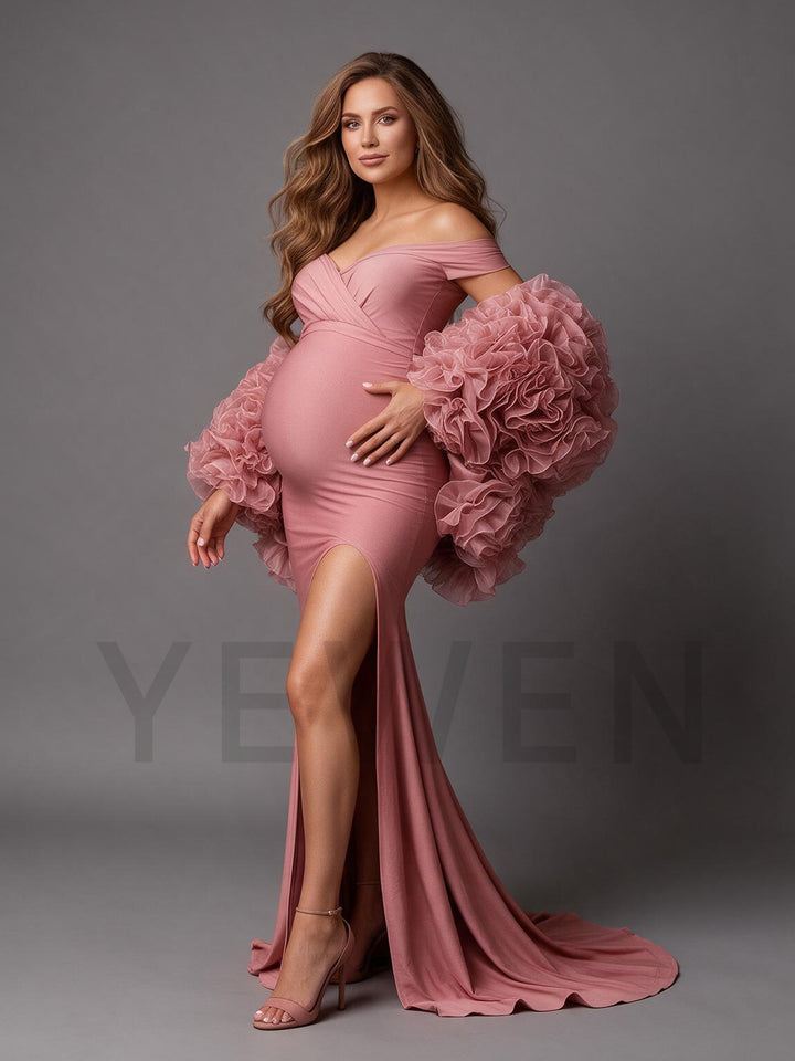 Dusty 3D Floral Cape High Slit Maternity Gown for Photoshoot YW2610196