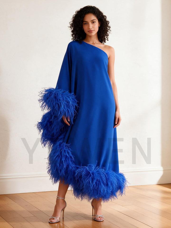 Blue One-Shoulder Poncho Ostrich Feather Satin Evening Gown YW2610064