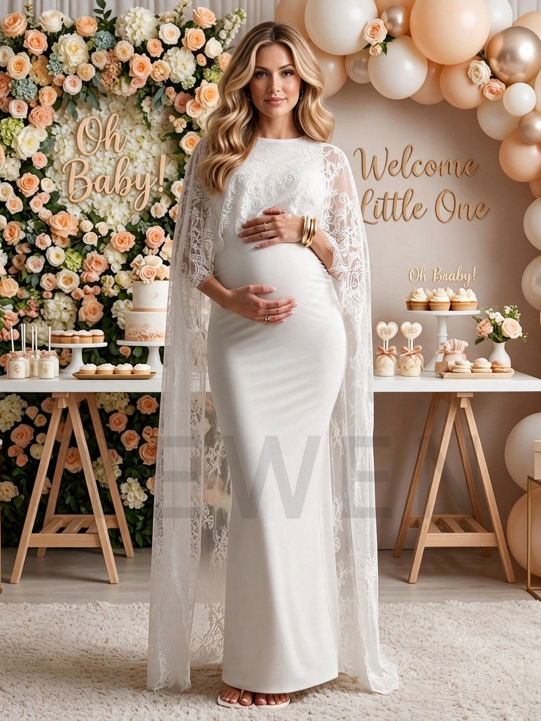 Crew Neck Lace Long Cape Maternity Dress for Baby Shower YM261012