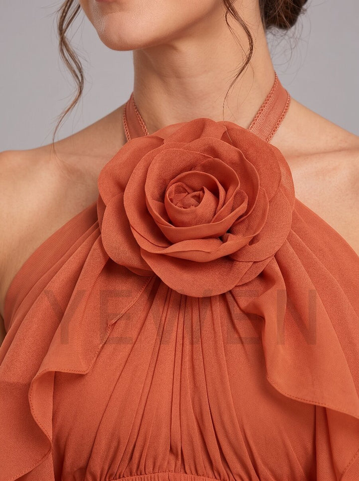 Halter 3D Rose Ruffle Chiffon Maternity Baby Shower Dress L-26941