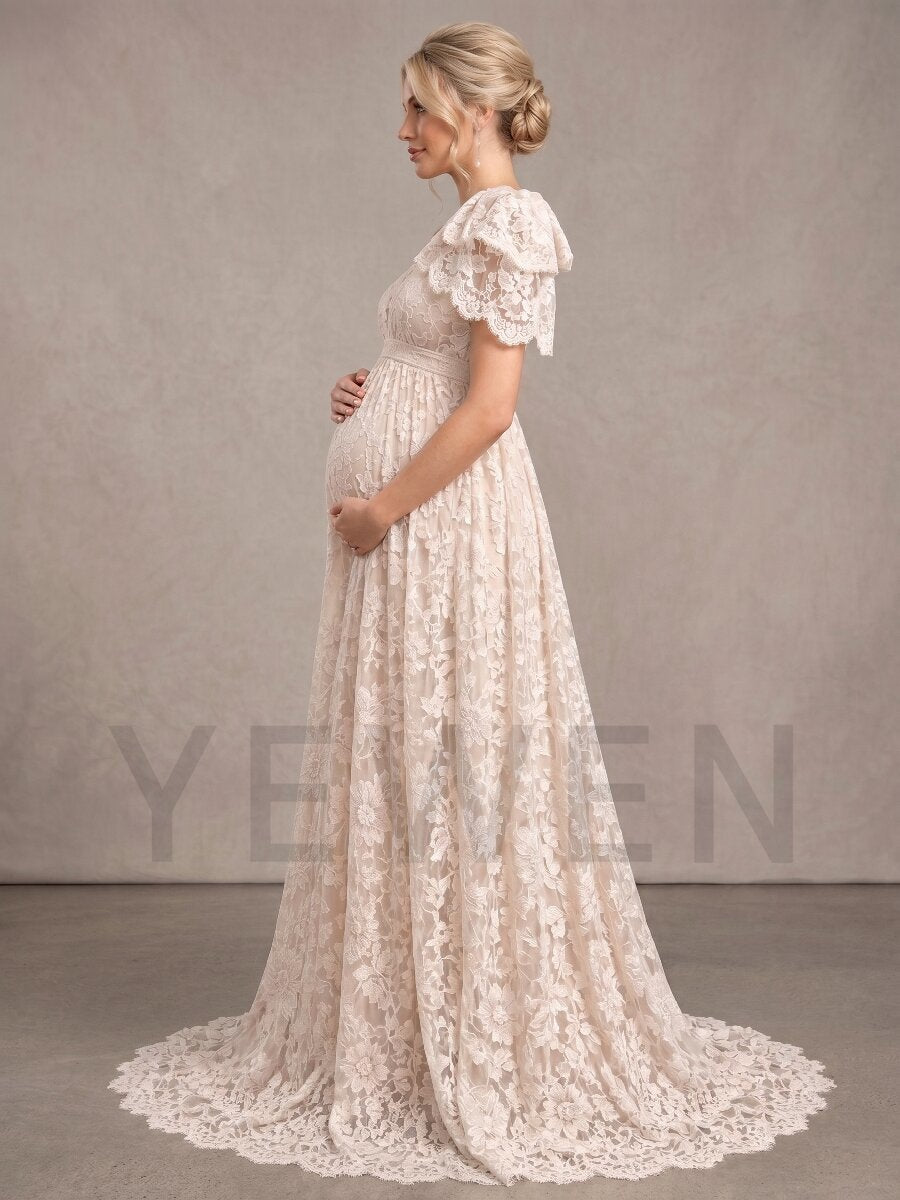 Ivory One-Shoulder Ruffle Lace Maternity Wedding Dress L-26947