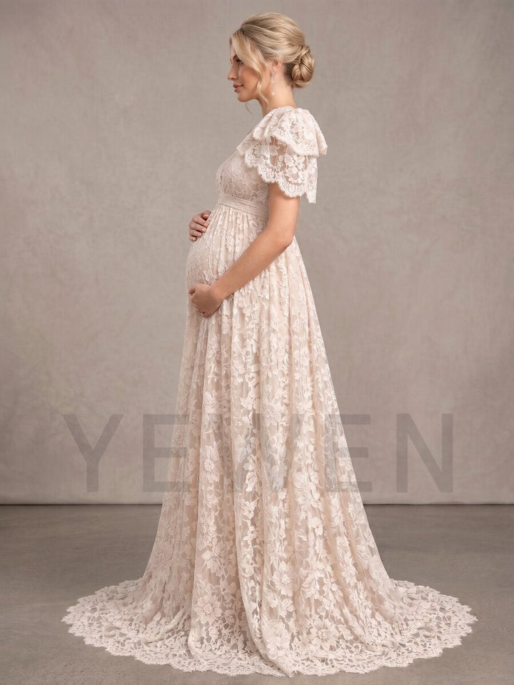 Ivory One-Shoulder Ruffle Lace Maternity Wedding Dress L-26947