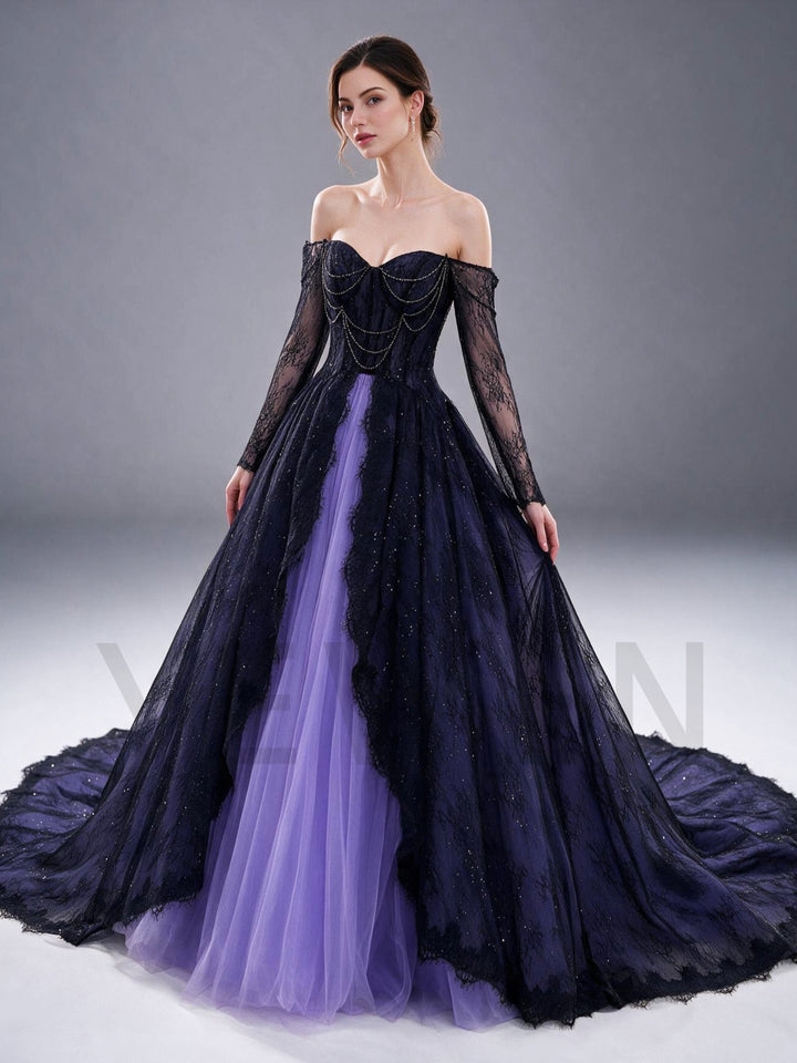 Navy Purple Off-Shoulder Long Sleeve Corset Lace Evening Gown YX26106