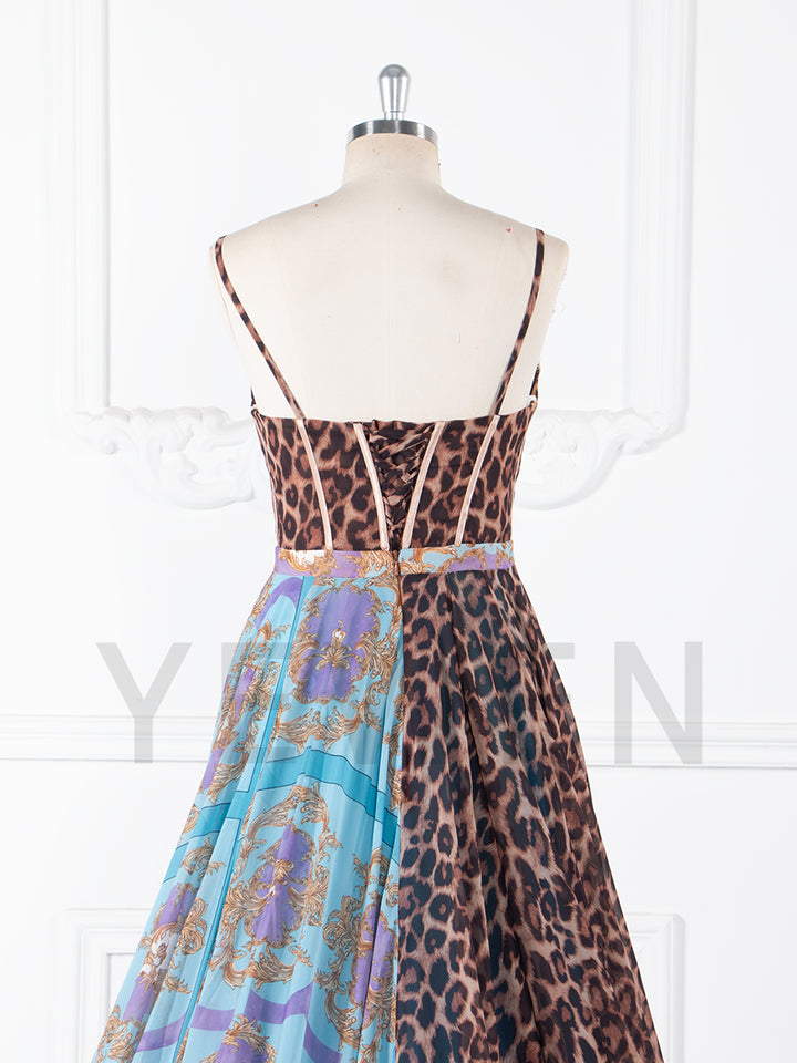 Luxury Leopard Print & Baroque Mixed Pattern Maxi Dress with Train for Women Photoshoot Outfit YW250066