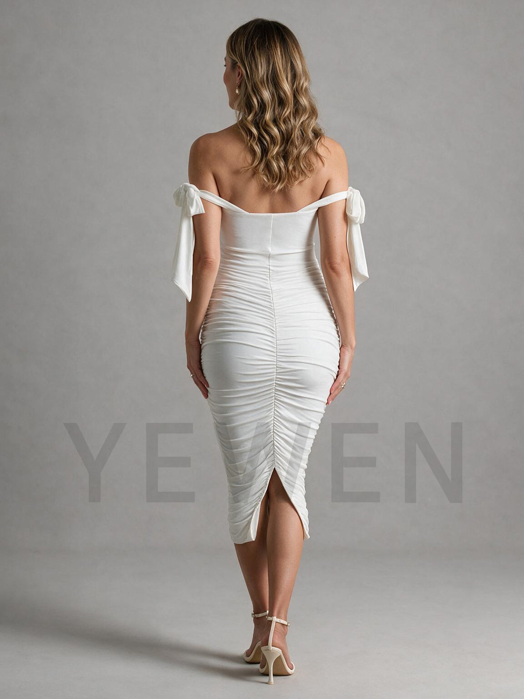 Off-Shoulder Tie Strap Ruched Maternity Dress for Baby Shower YM261001