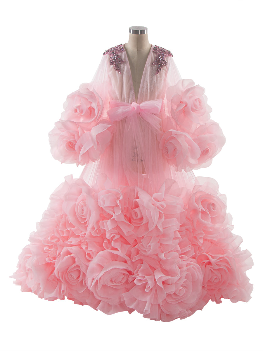 Pink Organza 3D Flowers Child Birthday Dress Flower Girl Dresses Princess Party Dress Photo Shooting Dress YW260298