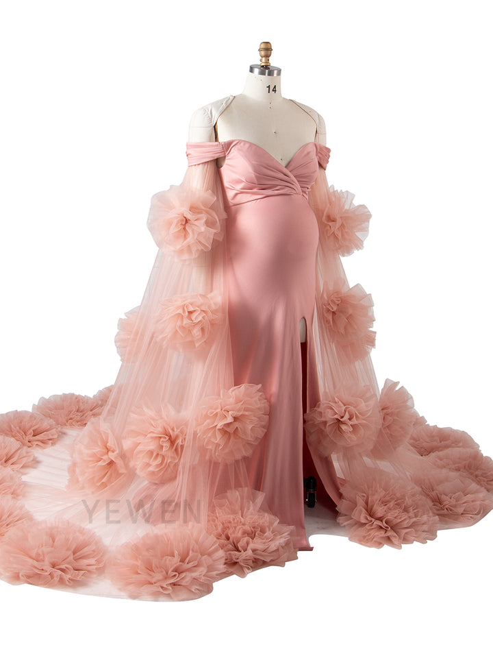 Dusty Pink Maternity Photoshoot Dress Tulle Rose Cape Mermaid Maternity Baby Shower Gown YW250074