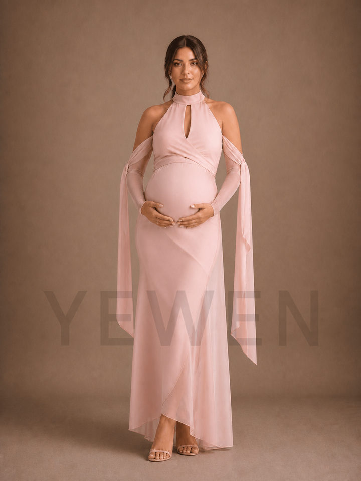 Blush Pink Halter Maternity Baby Shower Dress Maternity Maxi Dress ZX021