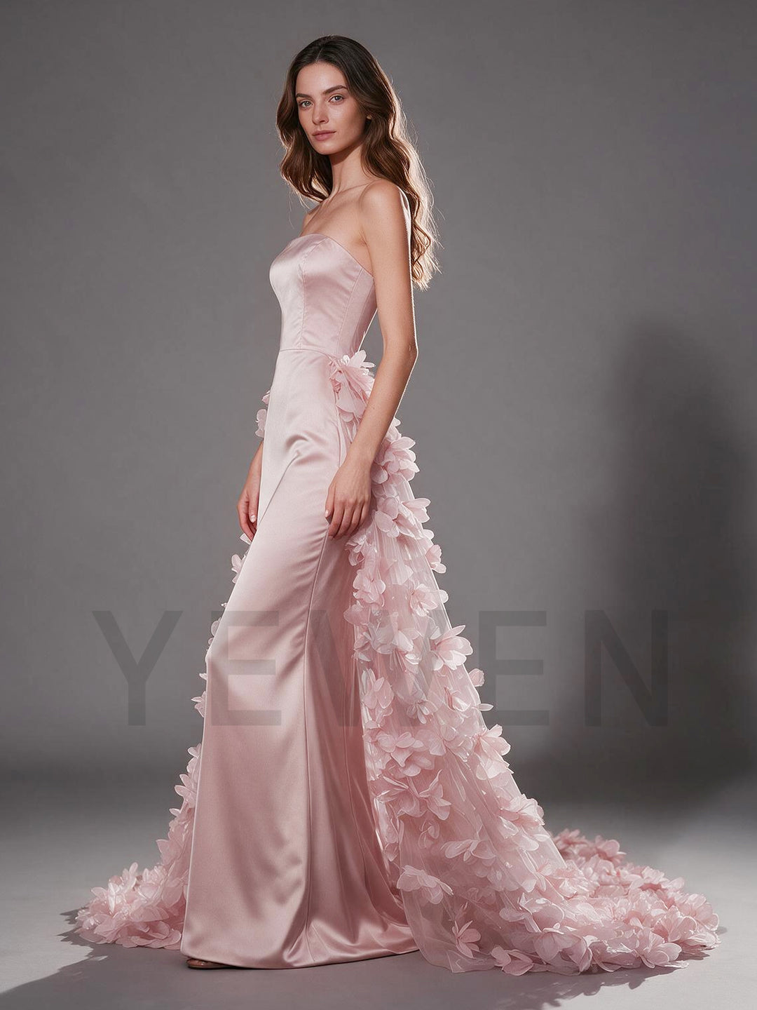 Pink Strapless Satin 3D Floral Evening Gown with Train YX002