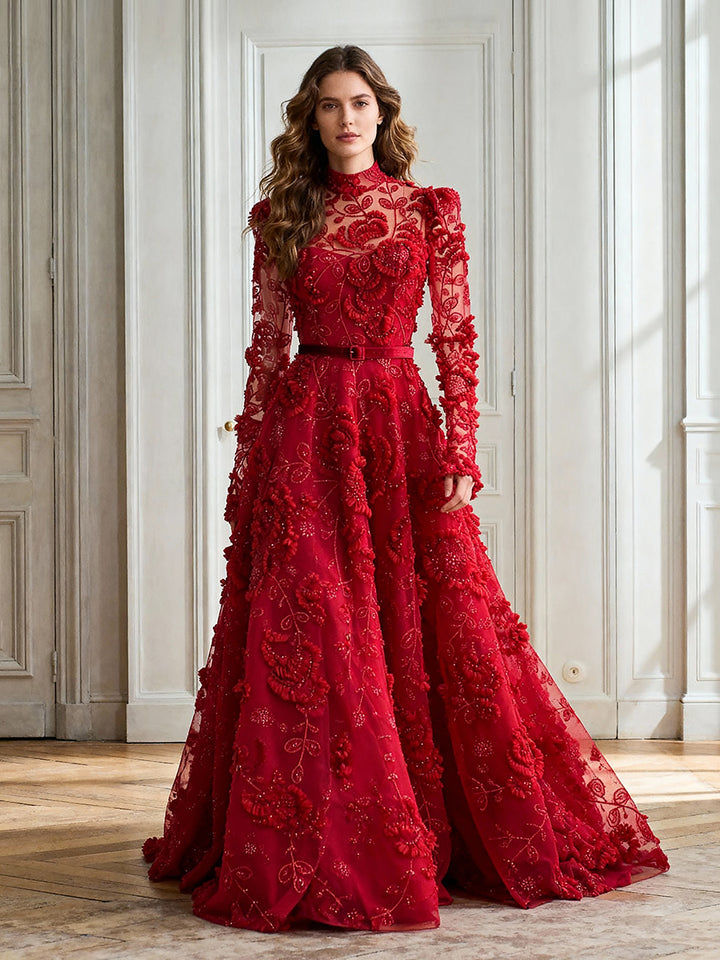 Striking Red Gown Embroidered Beaded Tulle Formal Gown Gala Dress