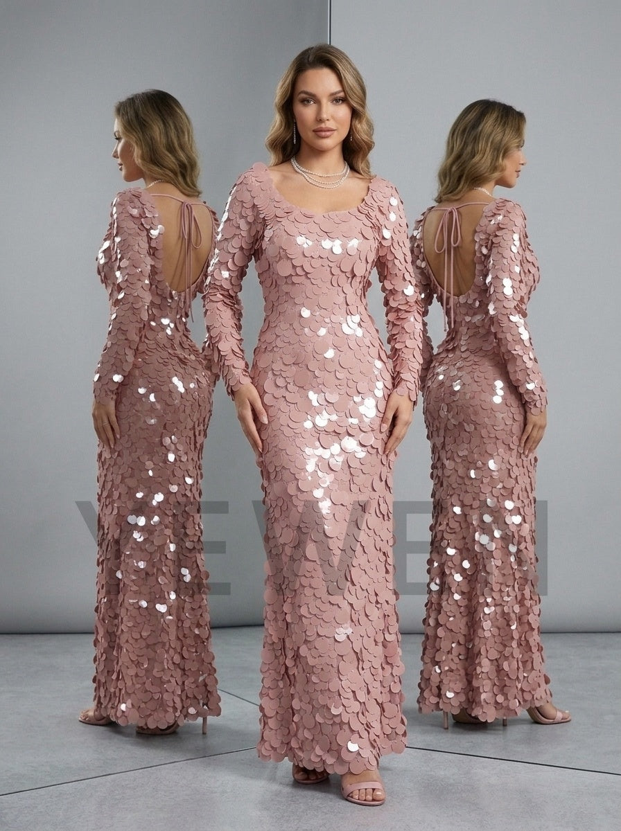 Burgundy Scoop Neck Big Sequin Long Sleeve Fit Evening Gown YD261024