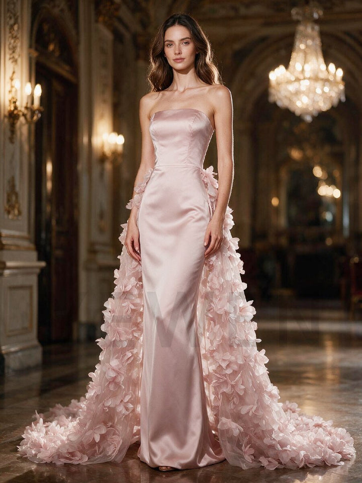 Pink Strapless Satin 3D Floral Evening Gown with Train YX002