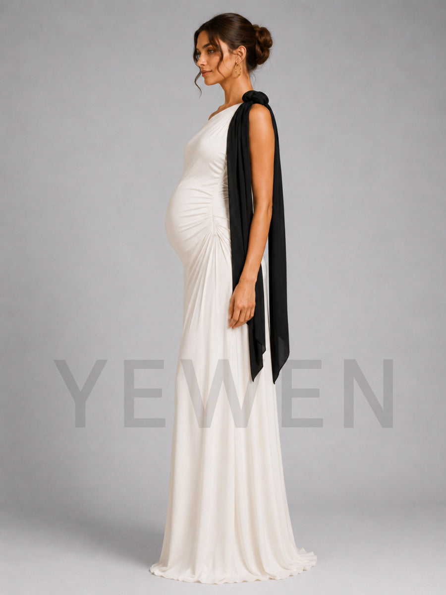 Ivory One-Shoulder Black Draped Sash Maternity Baby Shower Dress L-26930