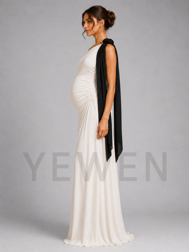 Ivory One-Shoulder Black Draped Sash Maternity Baby Shower Dress L-26930