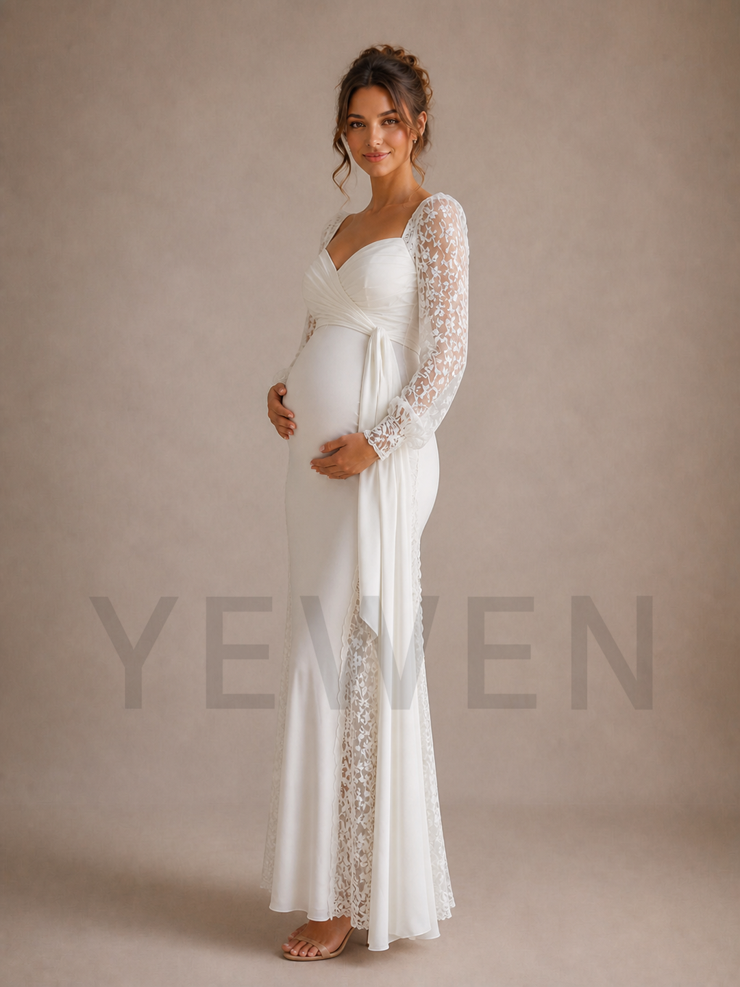 White Lace Sleeve Maternity Baby Shower Dress ZX011