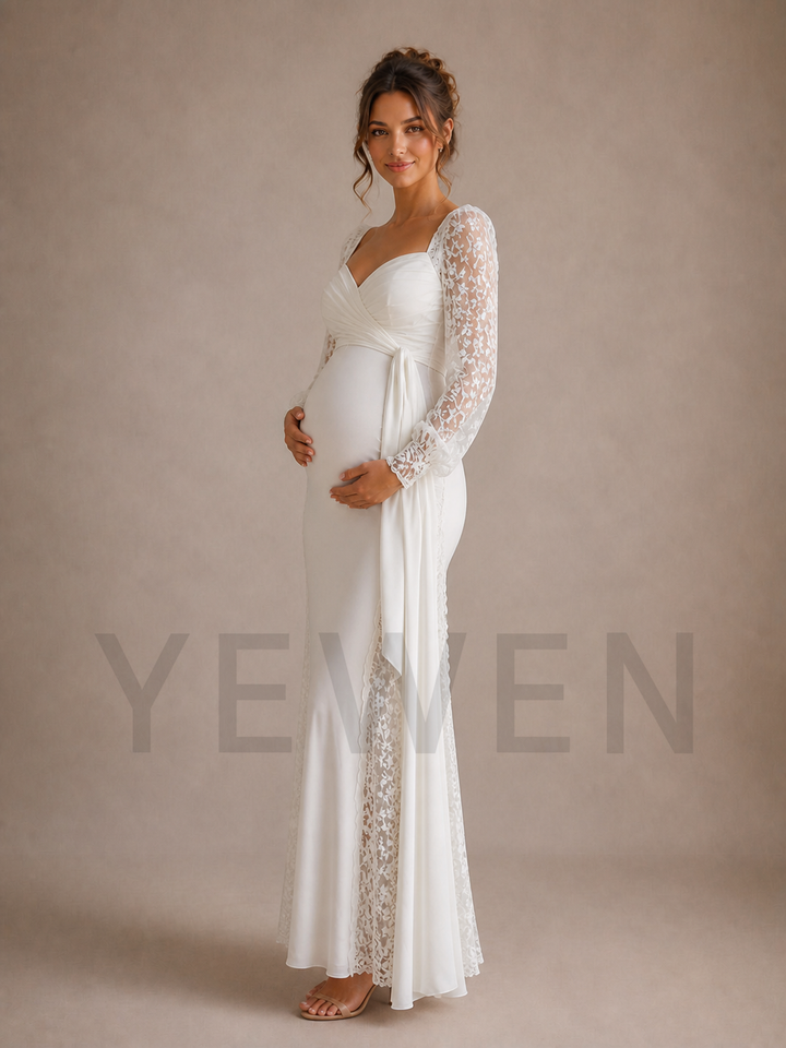 White Lace Sleeve Maternity Baby Shower Dress ZX011