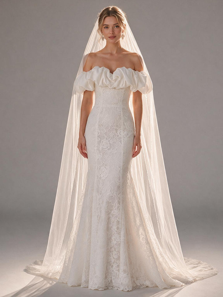 Ivory Off-Shoulder Satin Ruffle Rose Lace Wedding Dress (without Veil)