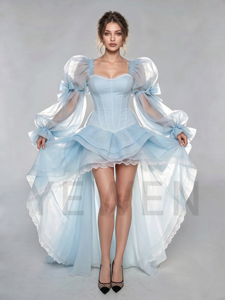 Blue Corset Puff Sleeve Princess Dress With Bow Detail & High-Low Tiered Skirt WT268011