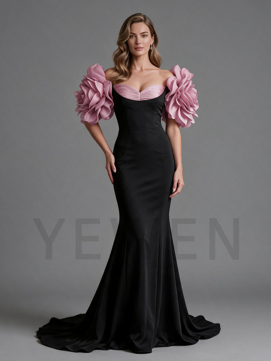 Black 3D floral off-shoulder fitted mermaid evening gown.
