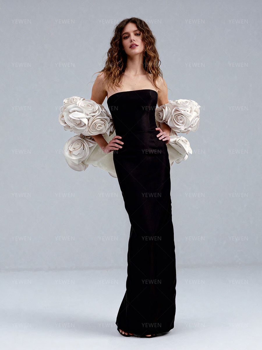 Elegant Black Evening Dresses with Detachable 3D Floral Cape for Formal Wedding Party 16 / Black Color