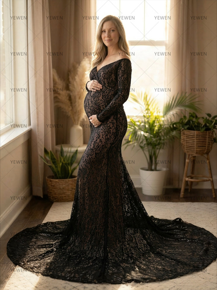 Black Lace Maternity Dress for Baby Shower Pregnancy Photo Session Dress Photo Prop YD260707