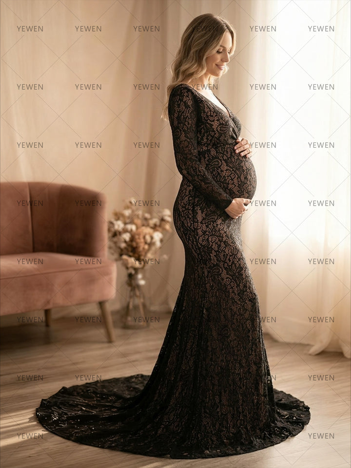Black Lace Maternity Dress for Baby Shower Pregnancy Photo Session Dress Photo Prop YD260707