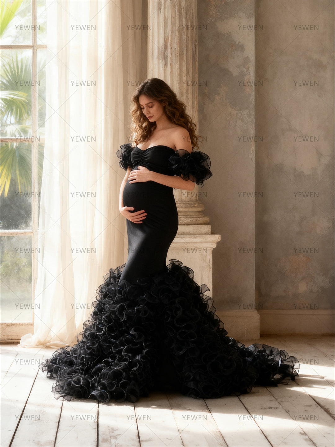 Black Ruffles Photoshoot Dresses for Ladies Maternity Photo Shoot Dress YW260285